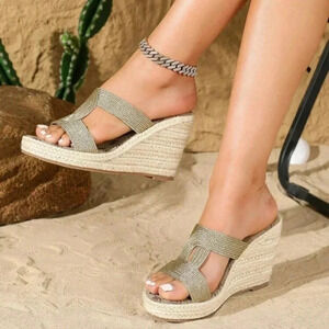 Women's Peep Toe Wedge Heel Sandals, Bohemian Style Retro Thick-Soled Khaki Wove